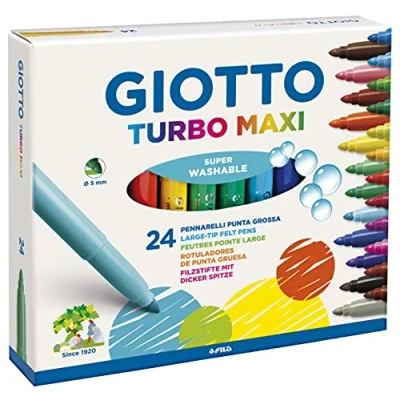 Image of GIOTTO Turbo Maxi Super Washable Felt Tip Fibre Pens, Large Nib 5mm, 24 Assorted Colours, Ideal for Children, Parties and Schools