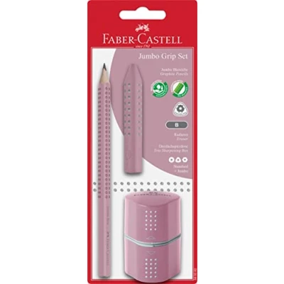 Image of Faber Castell Jumbo Grip 580082 Pencil Set with Pencil, Eraser and Triple Sharpener Rose Shadows on Blister Card