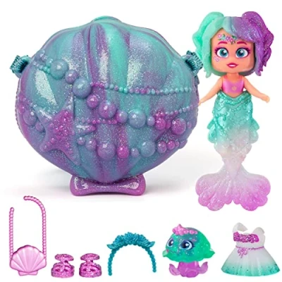 Image of KOOKYLOOS 1 doll 3 unique expressions! PEARL mermaid with shell bag, tail, pet, clothes and accessories, Green