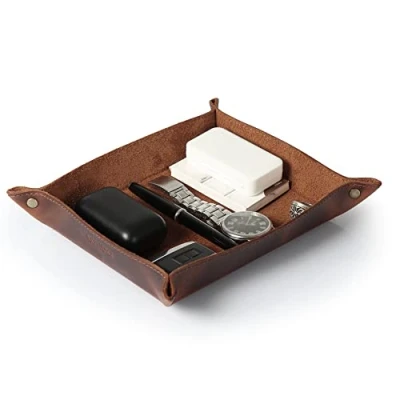 Image of LONDO Genuine Leather Tray Organizer Caddy, Practical Storage Box Valet for Wallets, Watches, Keys, Coins, Phones, Sunglasses and Office Equipment