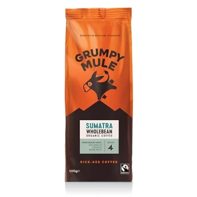Image of Grumpy Mule Organic Sumatra Gayo Highlands Whole Coffee Beans with tastes of Cocoa &amp; Dark Chocolate 500 g