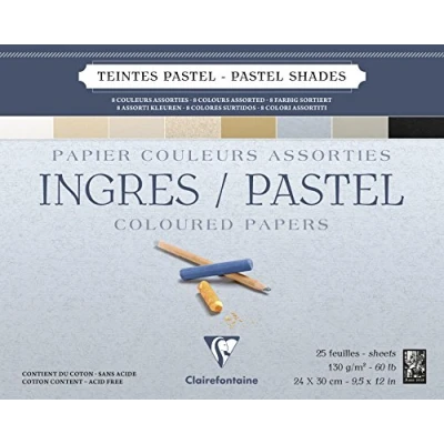 Image of Clairefontaine Ref 96487C Ingres Pastel Colour Glued Pad (25 Sheets) 24 x 30cm Size, Cotton Content, Acid Free, 130gsm Paper Assorted Colours