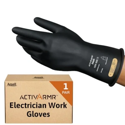 Image of Ansell ActivArmr Electrician Work Gloves, Electrical Protection Class 0 (1000V), Insulating Natural Rubber Latex Industrial Safety PPE, 11 Inches, Black, Size XL (1 Pair)