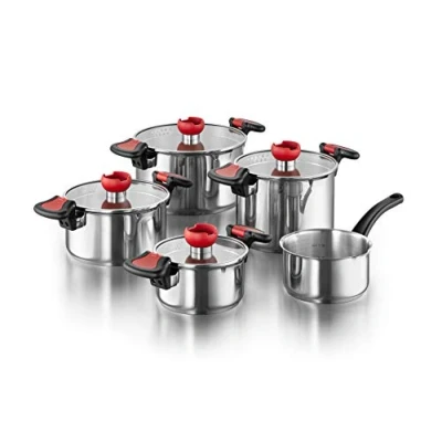 Image of KOPF Nelo Stainless Steel Saucepan Set, Induction Cookware Set with Smart Pouring Auxiliary, 4 Saucepans Glass Lid and 1 Casserole Dish, 9 Piece