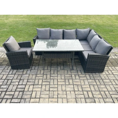 Image of 7 Seater Garden Rattan Furniture Corner Sofa Dining Table Chair Set with Temper Glass and Cushions Indoor Outdoor Lounge Fimous