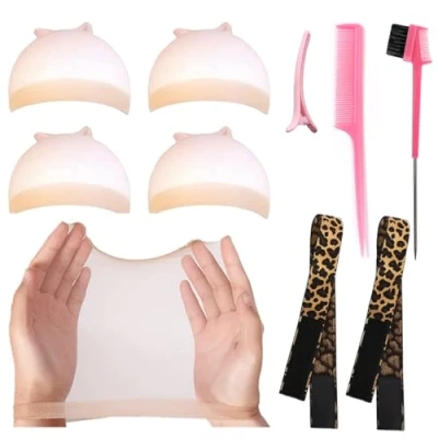 Image of 2PCS Wig Band for Melting Lace, 4PCS HD Caps, Edge Wrap to Lay Edges, Breathable Caps Lace Front Wig, Leopard Print Elastic Bands Wigs, Laying