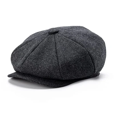 Image of BOTVELA Men&#039;s 8 Piece Wool Blend Newsboy Flat Cap Herringbone Pattern Tweed Hat (Black, 7 7/8)