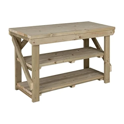 Image of Arbor Garden Solutions Workbench With Double Shelf Indoor/Outdoor Pressure Treated Heavy Duty Handmade Garage Workshop Work Table (3ft)
