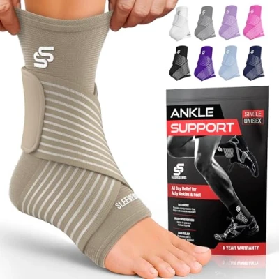 Image of Sleeve Stars Ankle Brace for Sprained Ankle, Plantar Fasciitis Relief Achilles Tendonitis Brace, Support Women &amp; Men w/Strap, Heel Protector Wrap Pain Compression (Single/Beige)