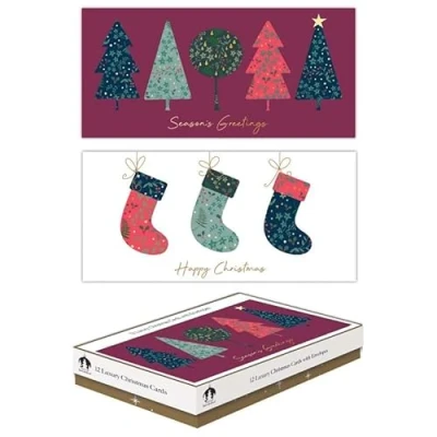 Image of Tallon Festive Wonderland XCA0217 Luxury Slim Christmas Xmas Cards, Box of 12, Contemp Trees &amp; Stockings