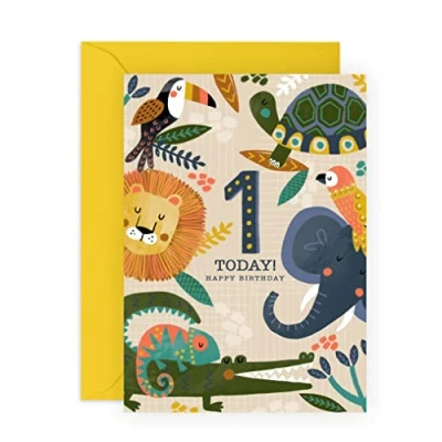 Image of Central 23 First Birthday Card Boy Son Happy One Year Old Cute Safari Animals Greeting Cards For Kids Elephant Turtle Lion Chameleon Comes With Stickers