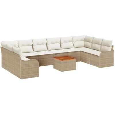 Image of vidaXL 10 Piece Garden Sofa Set with Cushions Beige Poly Rattan Acacia