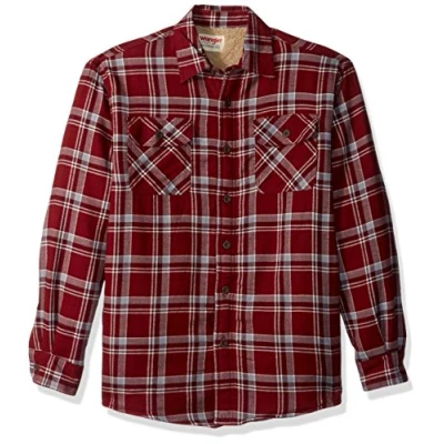 Image of Wrangler Authentics Men&#039;s Long Sleeve Sherpa Lined Shirt Jacket Button, Pomegranate, Large