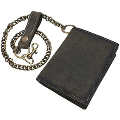 Image of Genuine Buffalo Full Leather Portrait Biker Wallet with Metal Chain Skull Motif or Without RFID and NFC Protection (Without Motif/Vintage Grey)