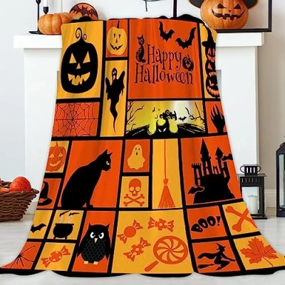 Image of JOOCAR Halloween Party Throw Blanket Pumpkin Cat Bat Ghost Spooky Castle Candy Orange Cozy Soft Lightweight Flannel Plush Blankets for Bed Couch Living Room Sofa Chair,60x80 Inch