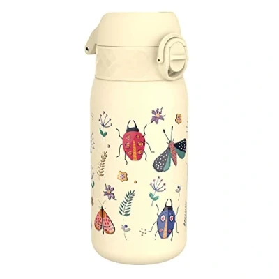 Image of Ion8 Kids Water Bottle, Steel 400 ml/13 oz, Leak Proof, Easy to Open, Secure Lock, Dishwasher Safe, Flip Cover, Carry Handle, Clean, Durable, Metal Raised Print, Bugs Insects Design