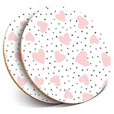 Image of 2 x Round Coasters Adorable Pink Hearts Polka Dot Cork Backed Home Kitchen Accessory Tea Coffee Mug Mat #16752