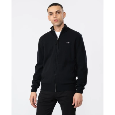 Image of GANT Men&#039;s Cotton Texture Zip Cardigan Sweater , Black,XL