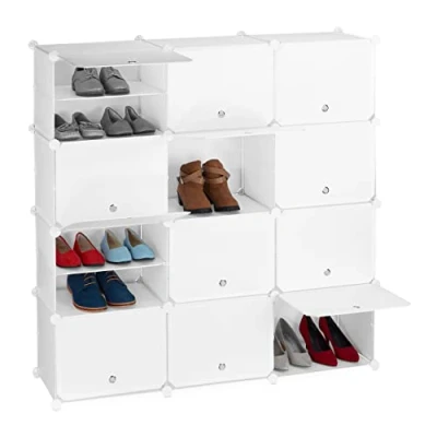Image of Relaxdays Shoe Cabinet, Storage with Doors, HxWxD: 125 x 32 cm, 24 Compartments, Plastic Shelving System, White