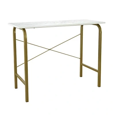 Image of VERSANORA Teamson Home 40″ Bella Modern Wooden Office Computer Desk, Study Writing Table or Side with White Faux Marble Top and Brass Metal Frame