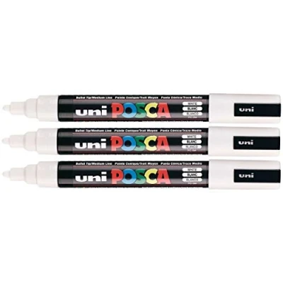 Image of Posca PC 5M White Colour Paint Marker Pens 2.5mm Medium Bullet Tip Nib Writes On Any Surface Glass Metal Wood Plastic Fabric (Pack Of 3)