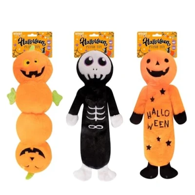 Image of YöL Pack of 3 Halloween Pumpkin, Skeleton Plush Dog Toys With Speaker Crinkle Effect Puppy Pet Teething Chew Soft Play