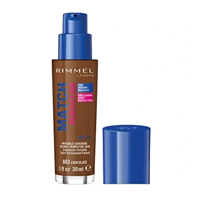 Image of Rimmel Match Perfection Foundation 603 Chocolate, Medium Coverage, 24hr Hydration, No Caking or Creasing, Lightweight, Reduces Imperfections, Invisible SPF20, Cruelty Free
