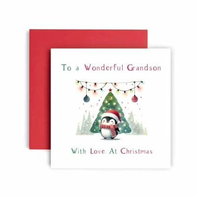 Image of Huxters Festive Christmas card for Grandson Penguin Watercolour Design Santa and Xmas Traditions (Grandson)