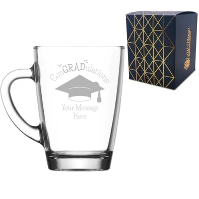 Image of Personalised Engraved Graduation Glass Coffee Cup with &#039;ConGRADulations&#039; Design, Personalise Any Name or Message, Gift Box Included, Laser Engraved, University College