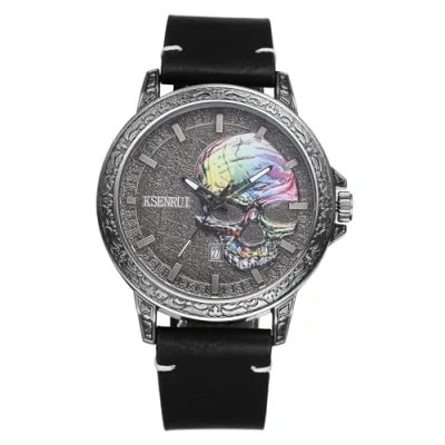 Image of JewelryWe Punk Skull Leather Watches: Cool Round Analog Quartz Calendar Watch Mens Gothic Wristwatch for Halloween