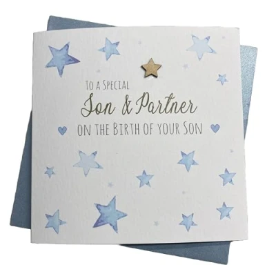 Image of WHITE COTTON CARDS SON &amp; PARTNER BIRTH OF BLUE STARS NEW BABY CARD, HAND FINISHED (S520)