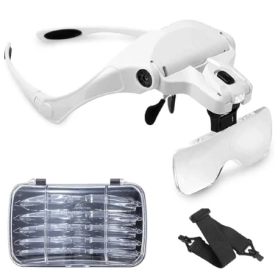 Image of Sinzau Headband Magnifier Glasses with Led Light, for Handsfree Reading, Jeweler Craft, Watch Repair Hobby, 5 Lenses 1.0X 1.5X 2.0X 2.5X 3.5X