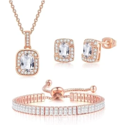 Image of FDEETY Jewellery Set for Women Cubic Zirconia Bridal Pendant Necklace Bracelet and Earrings Gifts Wedding Bride Bridesmaids (Rose Gold)