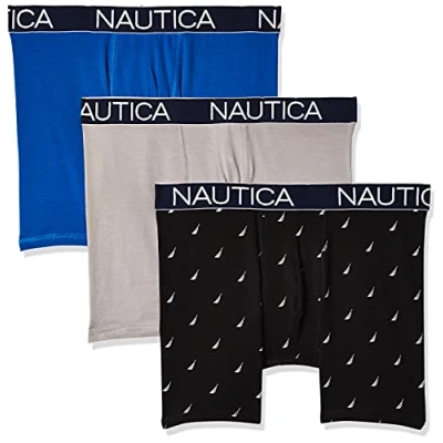 Image of Nautica Men&#039;s 3 Pack Classic Underwear Cotton Stretch Boxer Brief, Sea Cobalt/Alloy/Sail Printblack White, Medium (Pack of 3)