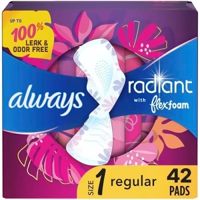 Image of Always Radiant Feminine Pads for Women, Size 1 Regular, with Wings, Scented, 42 CT