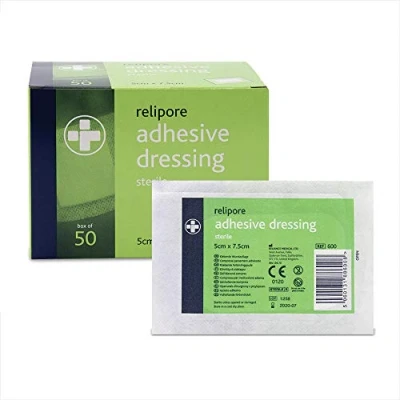 Image of Reliance Medical Relipore Sterile Adhesive Dressings Ideal for Weeping or Surgical Wounds, Highly Absorbent, Low Allergy, Individually Wrapped, 5 cm x 7.5 cm, Pack of 50