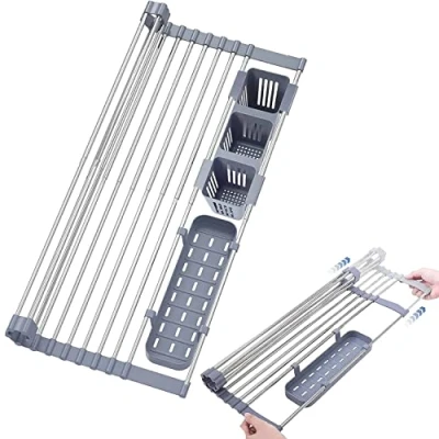 Image of Ygapuzi Expandable Roll Up Dish Drying Rack Over the Sink for Kitchen 12.6&#039;&#039; 23.3&#039;&#039;, with Utensil Holder, Stainless Steel Drainer Organizer (Black)