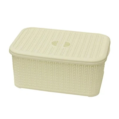Image of JVL Knit Design Loop Plastic Lidded Rectangular Storage Basket with Handles, Ivory, 20 x 28.5 12.5 cm, 6 Litres