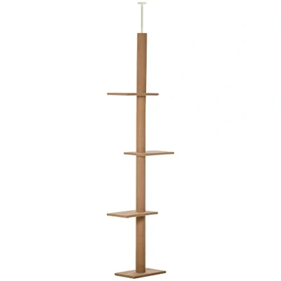Image of PawHut 260cm Floor To Ceiling Cat Tree for Indoor Cats w/Three Platforms Activity Centre Brown