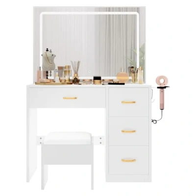 Image of YITAHOME Dressing Table &amp; stool set,Vanity Desk w/ 3 Color Lighting Modes LED Lights Mirror,Lights Brightness Adjustable,Vanity with 4 Drawers,Power Outlet,Milky White Makeup for Bedroom