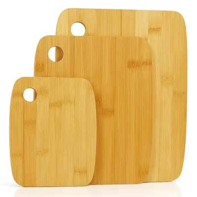 Image of Set of 3 Natural Bamboo Chopping Cutting Slicing Board Wooden Serving Platter for Kitchen, Meat &amp; Veggie Prep, Serve Bread, Food Crackers Cheese (S,M,L)