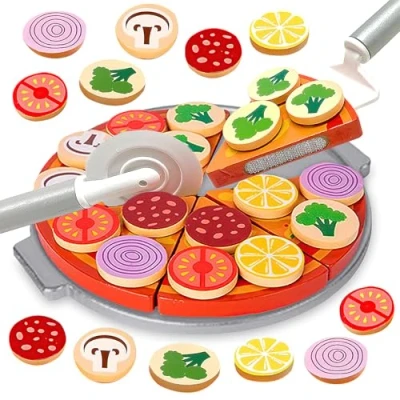 Image of Xwin Sportseries Cutting Play Food Toy for Kid Wooden Pizza Set Pretend Children Picnic Kitchen Accessories Cooking Velcro Toys Gift Kids