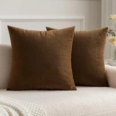 Image of MIULEE Decorative Velvet Cushion Covers 45cm x 45cm/Square Throw Pillow Cases for Sofa Bedroom with Invisible Zipper 18x18 Inch Chocolate Sets of 2