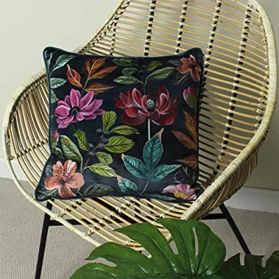 Image of Evans Lichfield Midnight Garden Floral Velvet Piped Feather Rich Filled Cushion