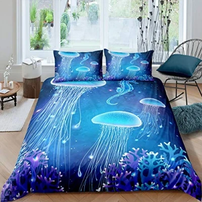 Image of Loussiesd Jellyfish Comforter Cover Set for Kids Coral Blue Underwater Duvet Boys Gils Teens Bedding Sealife Ocean Themed Decorative 2 Piece Zipper,Single Size, Ultra Soft Bedspread