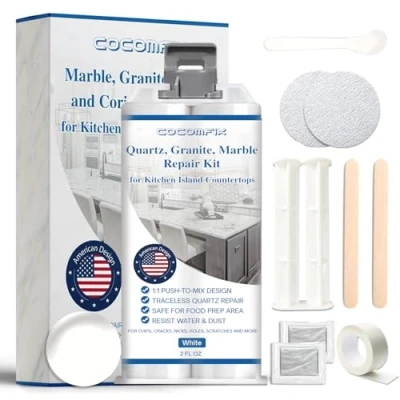 Image of Quartz Countertop Chip Repair Kit(White), Marble and Granite to Fix Nicks, Chips or Scratches on Granite, Porcelain, Corian, Travertine, Quartz, Acrylic Other Surfaces.
