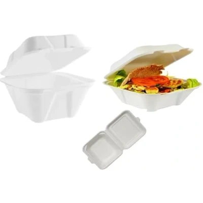 Image of PACK OF 50 STRONG Bagasse Clamshell Takeaway Burger Boxes 6&quot;x6&quot;, Disposable Containers, Biodegradable Food Container Boxes, Fish &amp; Chips