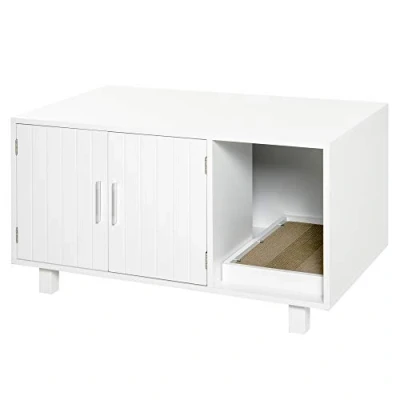 Image of PawHut Wooden Cat Litter Box Enclosure &amp; House with Nightstand/End Table Design, Scratcher, Magnetic Doors, White