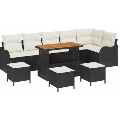 Image of vidaXL 10 Piece Garden Sofa Set with Cushions Black Poly Rattan Acacia