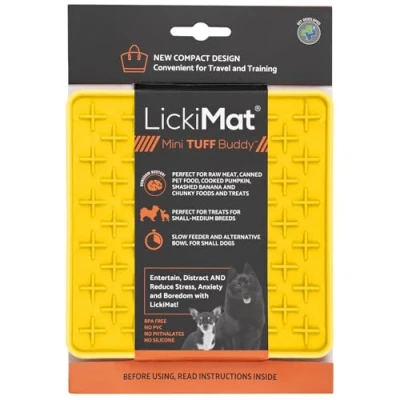 Image of LickiMat Mini Tuff Buddy Dog Food Mat, Slow Feeder LickiMat, Boredom Anxiety Relief for Dogs, Perfect Food, Treats, Yoghurt or Peanut Butter, Fun Alternative to a Bowl, Yellow